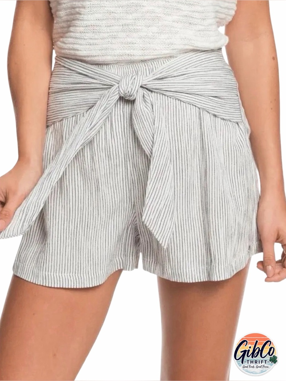 Roxy - Size Small - Cotton Blend Tie-Waist Shorts - Striped White & Navy